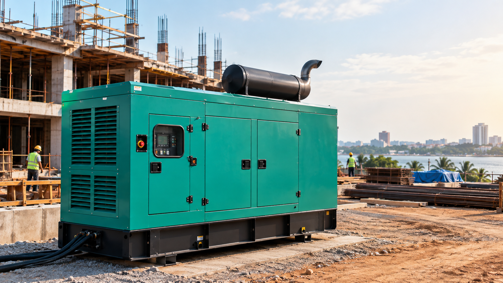 Generator Rental in Kochi: A Complete Guide for Businesses 1 Teal Generator at Waterfront Construction Site